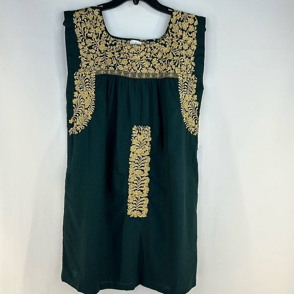 NWT J. Marie Green/Gold Embroidered Linen Blend Shift Dress, S